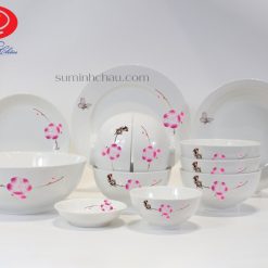 Bộ 12 Sản Phẩm Bát Đĩa Minh Châu Vẽ Hoa Đào