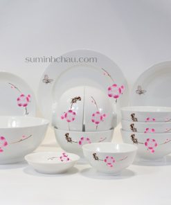 Bộ 12 Sản Phẩm Bát Đĩa Minh Châu Vẽ Hoa Đào